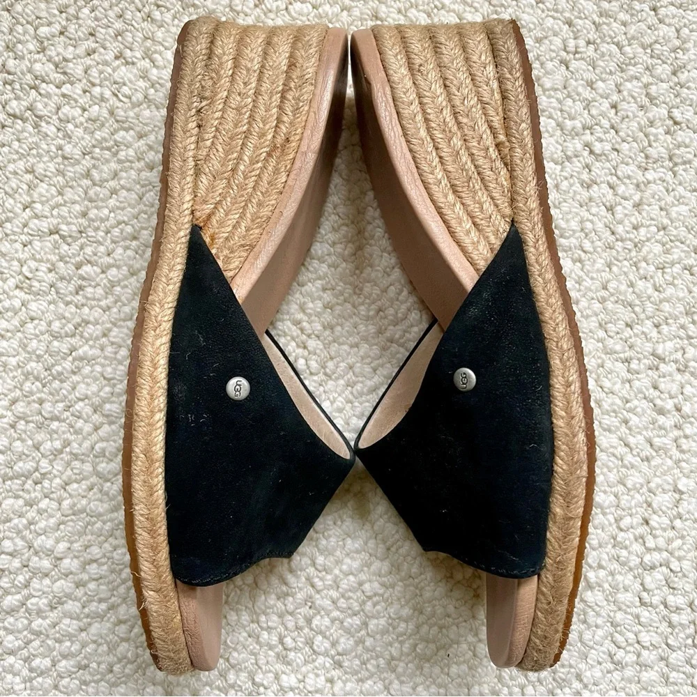 UGG Black Suede Espadrille Wedge Mules Comfort Insole
